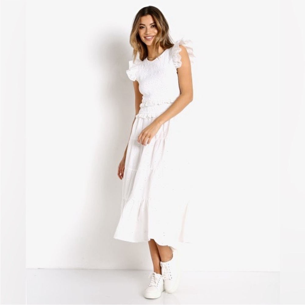 Cleobella Emmy White Eyelet Embroidered Ruffle Smocked Cotton Midi Dress Size M - Picture 5 of 9